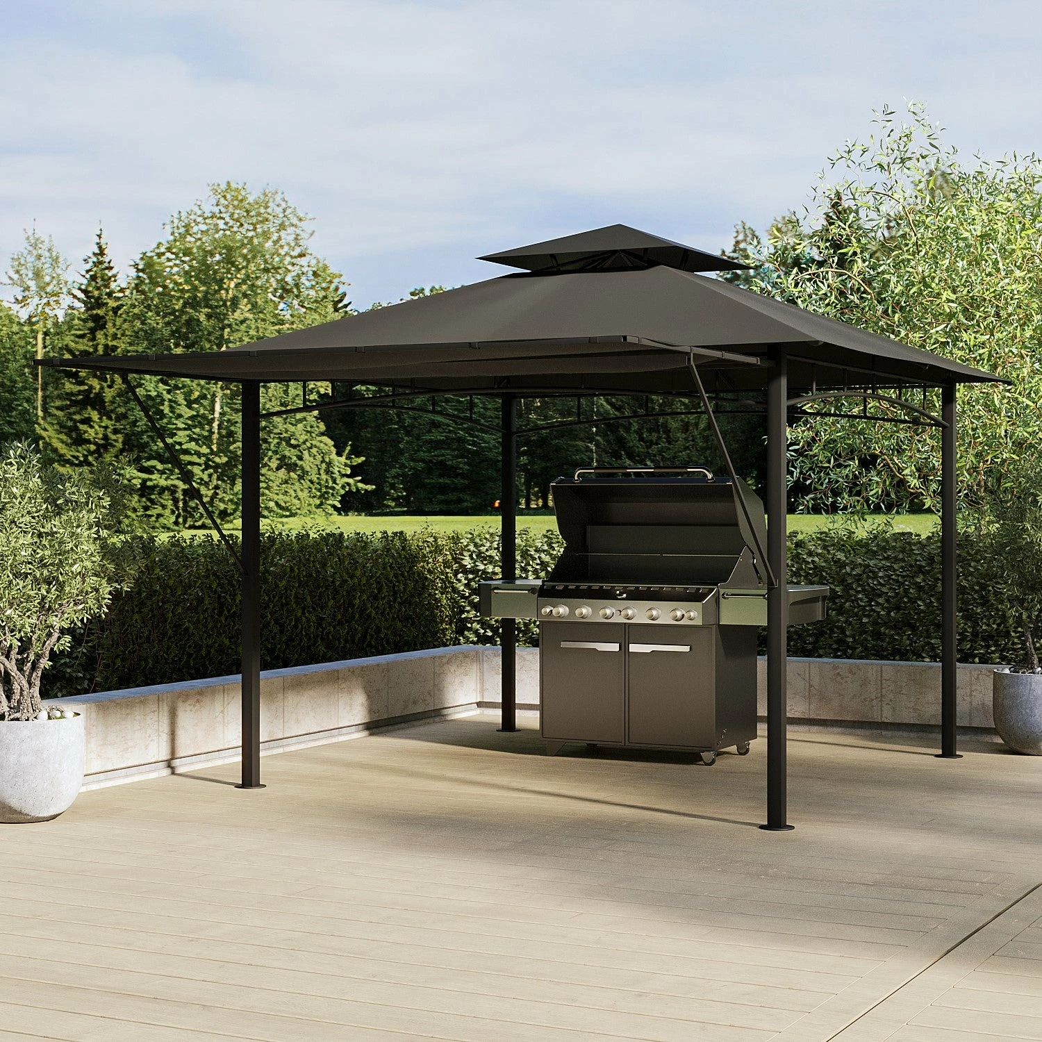 Fortrose 3x3m Black Metal BBQ Shelter Gazebo With Grey Canopy Roof And Retractable Side 4 Fortrose 3x3m Black Metal BBQ Shelter Gazebo With Grey Canopy Roof And Retractable Side - Image 2