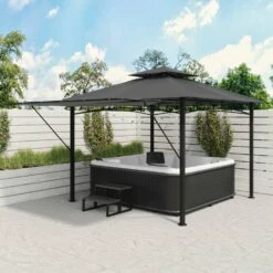 Fortrose 3x3m Black Metal BBQ Shelter Gazebo With Grey Canopy Roof And Retractable Side