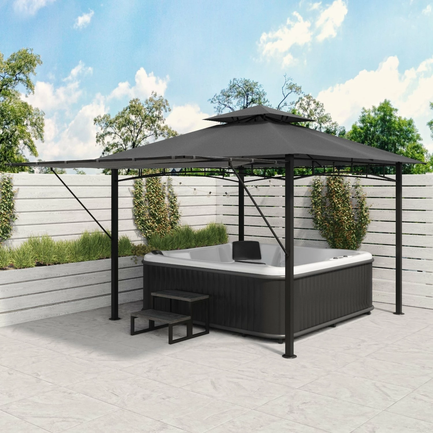 Fortrose 3x3m Black Metal BBQ Shelter Gazebo With Grey Canopy Roof And Retractable Side 3 Fortrose 3x3m Black Metal BBQ Shelter Gazebo With Grey Canopy Roof And Retractable Side