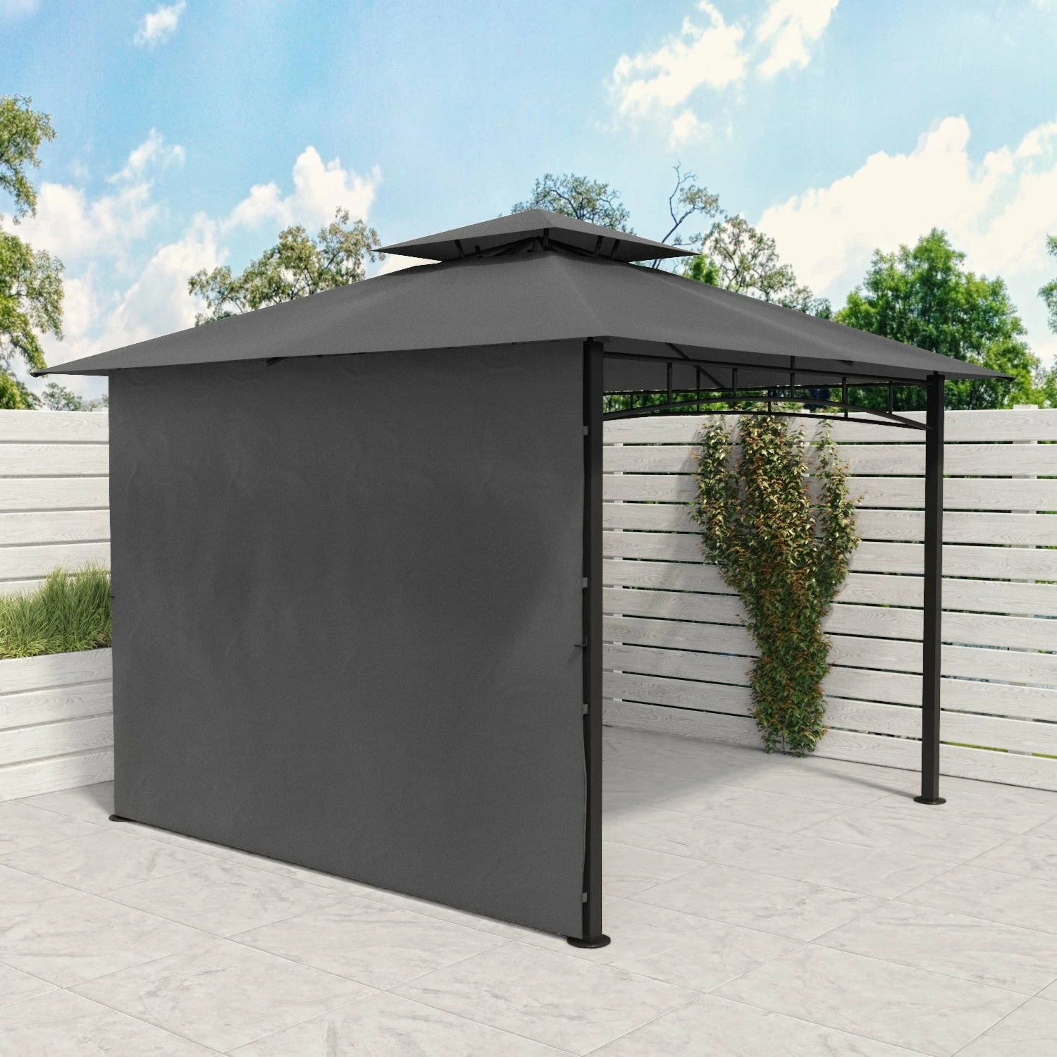 Fortrose 3x3m Black Metal BBQ Shelter Gazebo With Grey Canopy Roof And Retractable Side 6 Fortrose 3x3m Black Metal BBQ Shelter Gazebo With Grey Canopy Roof And Retractable Side - Image 4