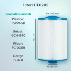 HTF0245/PWW50 50sq Ft Hot Tub Filter - Jacuzzi Lodge S & L, Paradise, Retreat, Look, Mist & Haze -Outdoor Living Hottubs Shop Model compatibility dims HTF0245